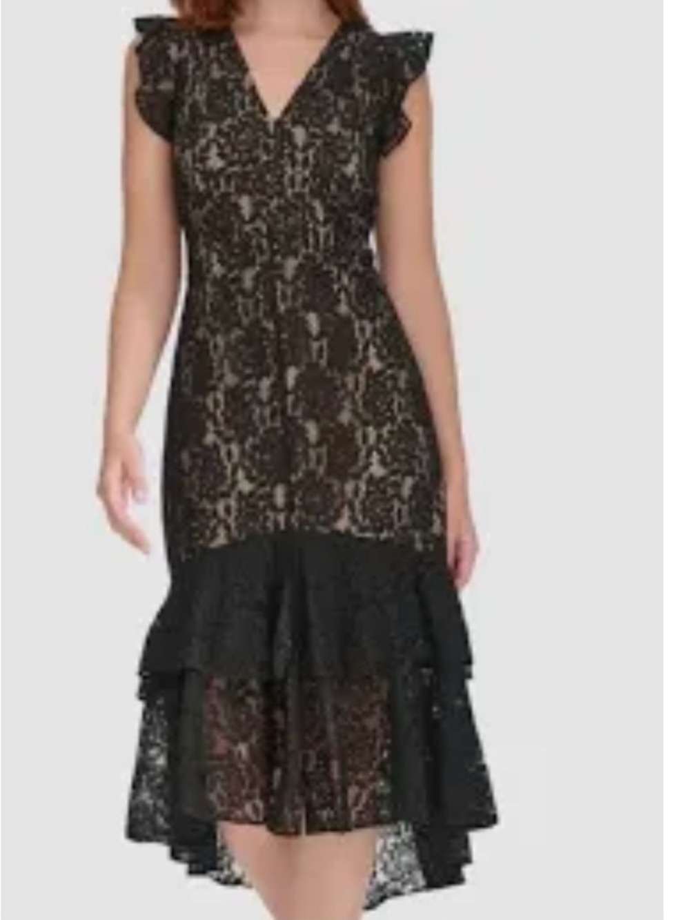 Tommy Hilfiger Black Lace V-Neck Midi Dress with Ruffle Hem